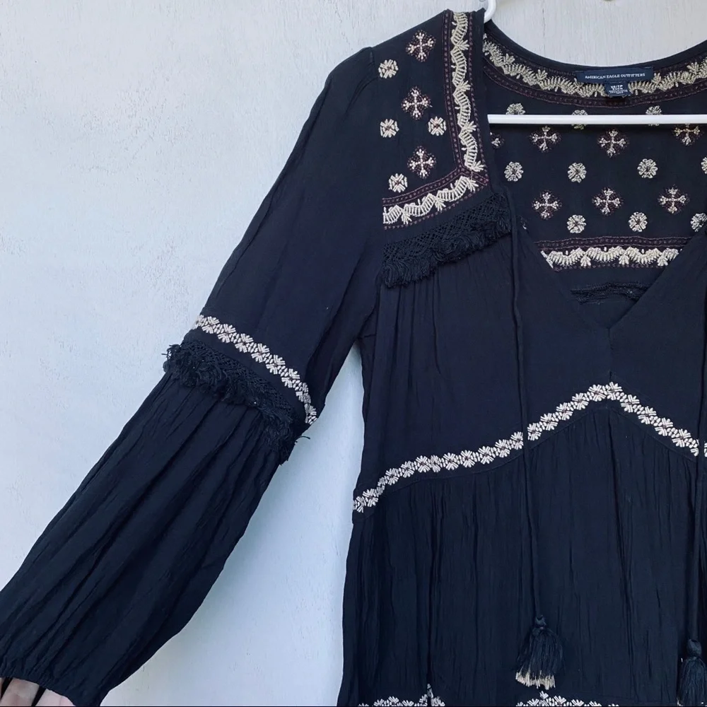 American Eagle Black Tan Boho Tassel Tiered Dress - Picture 4 of 6